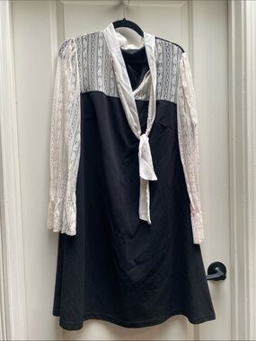 Goth Black and White Lace Sleeve P(u)ssy Bow Neckline Dress L/XL
